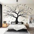 Large tree wall decal with delicate branches and gold leaves in a modern bedroom, enhancing nature-inspired decor.