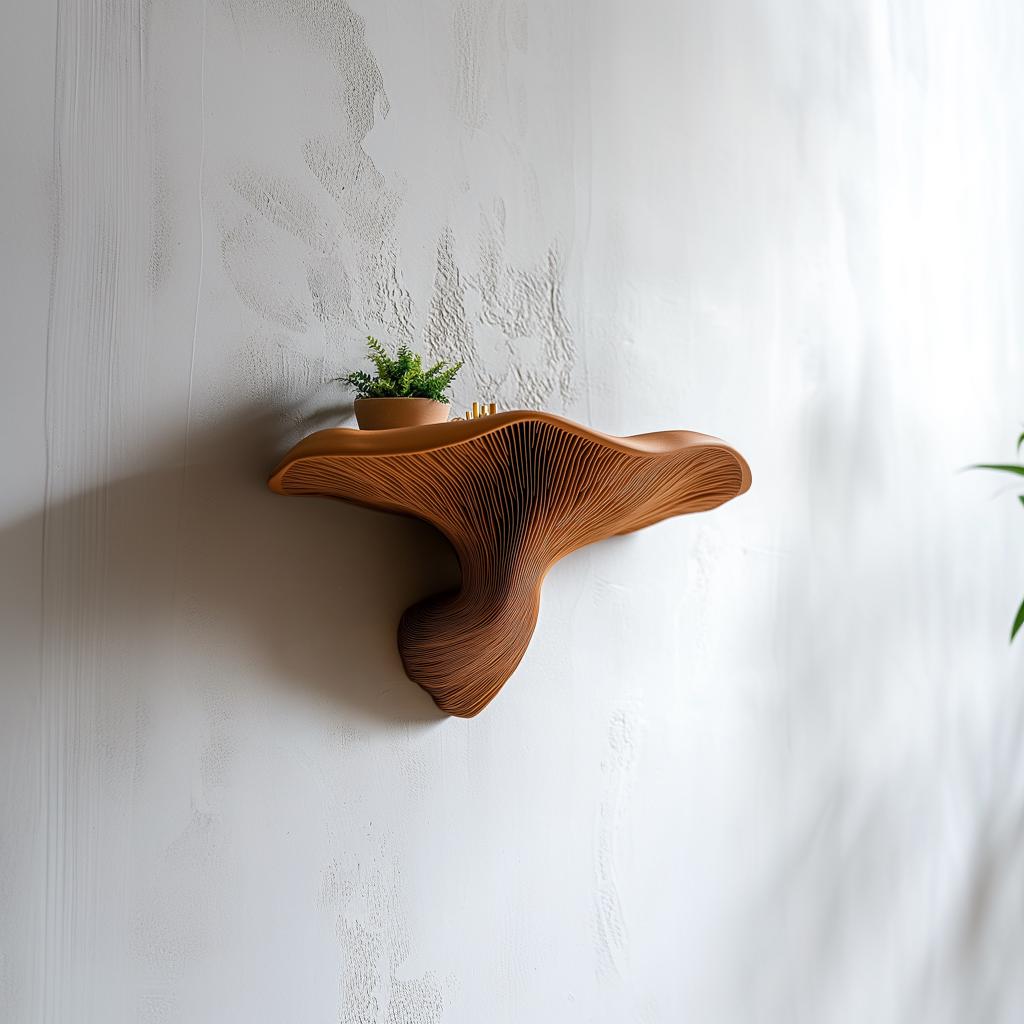 Fungi Floating Wall Shelf with planter, showcasing modern organic design inspired by mushrooms.