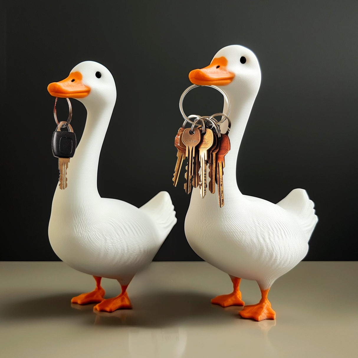 Funny 3D printed goose key holder with keys in beaks, perfect for farmhouse decor and organizing keys.
