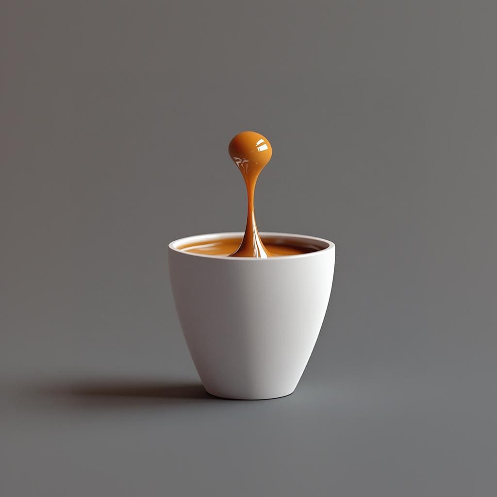 Floating coffee drop sculpture in a white cup, showcasing 3D art of espresso macchiato.