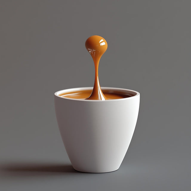 Floating coffee drop sculpture in a white cup capturing the essence of espresso macchiato art.