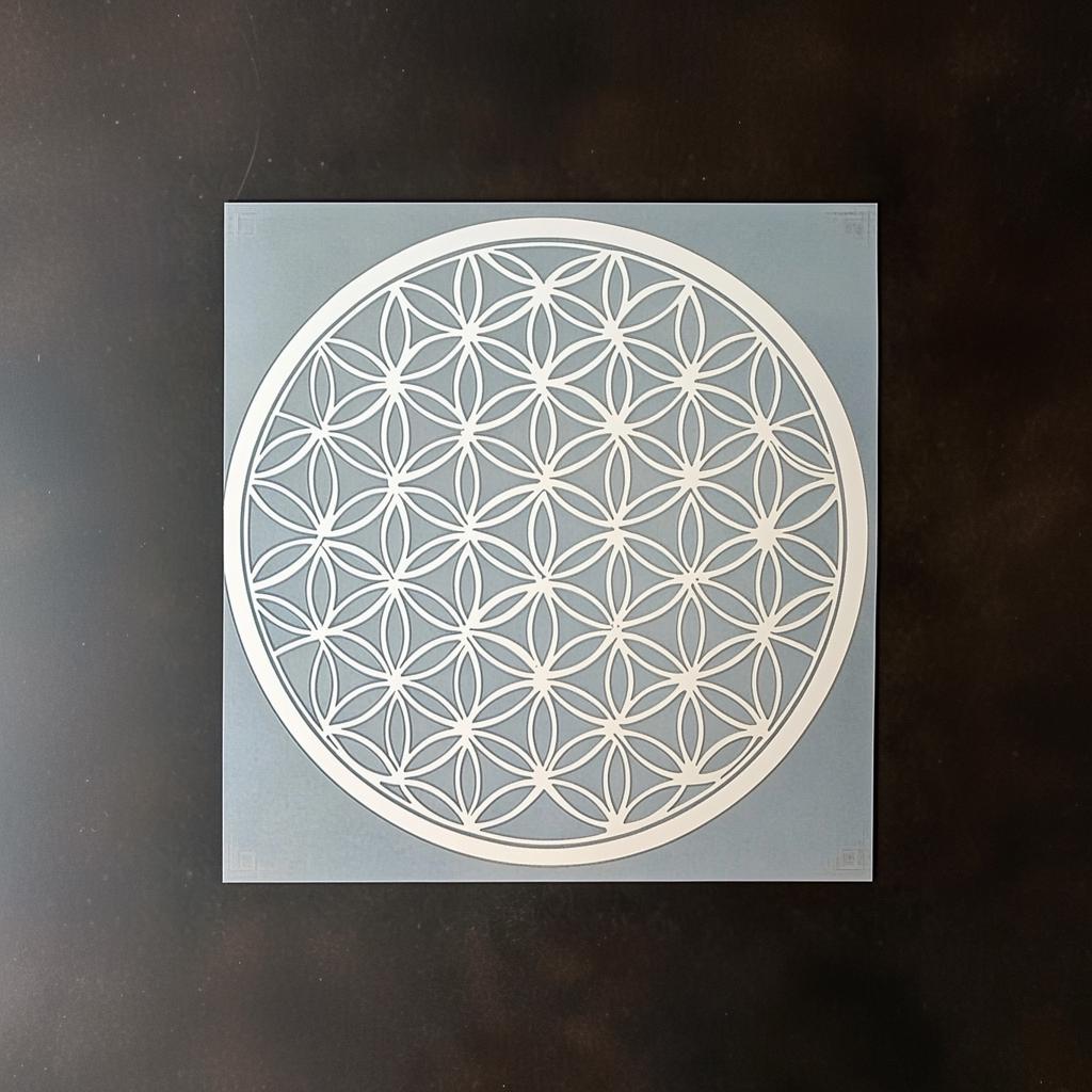 Flower of Life stencil design on blue background for easy wall painting and home decor projects.