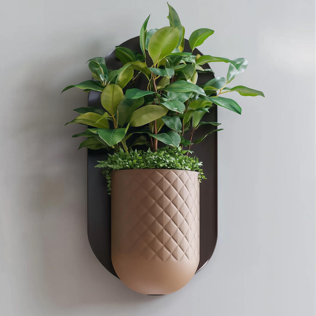 Modern minimalist wall planter with hidden mount, featuring a textured geometric design and lush green plants.