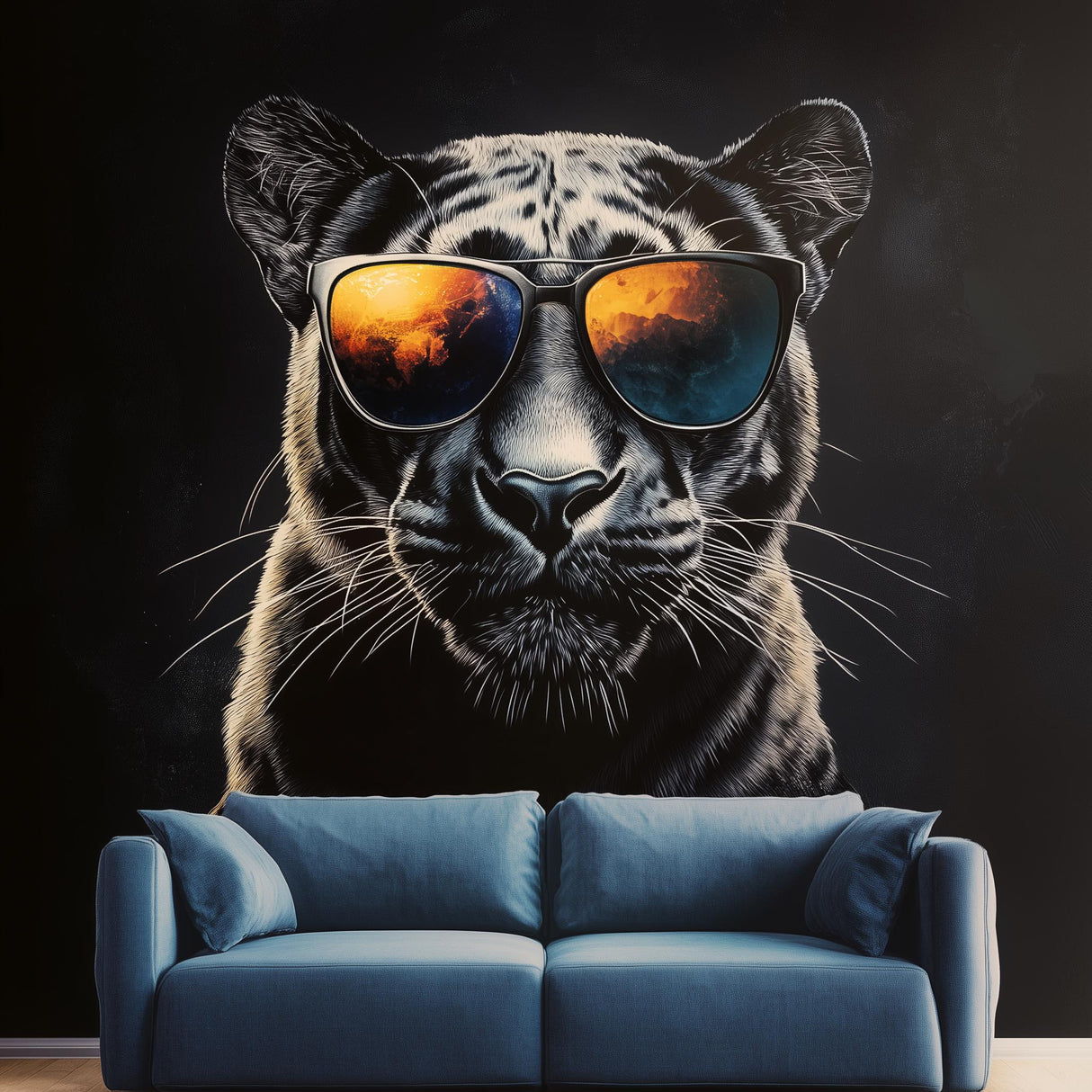 Black panther wall decal with sunglasses, adding a modern vibe to living room decor.