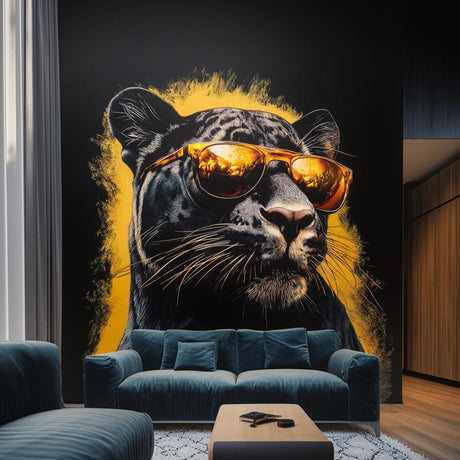 Black panther wall decal with sunglasses on a stylish living room wall, adding modern urban decor.