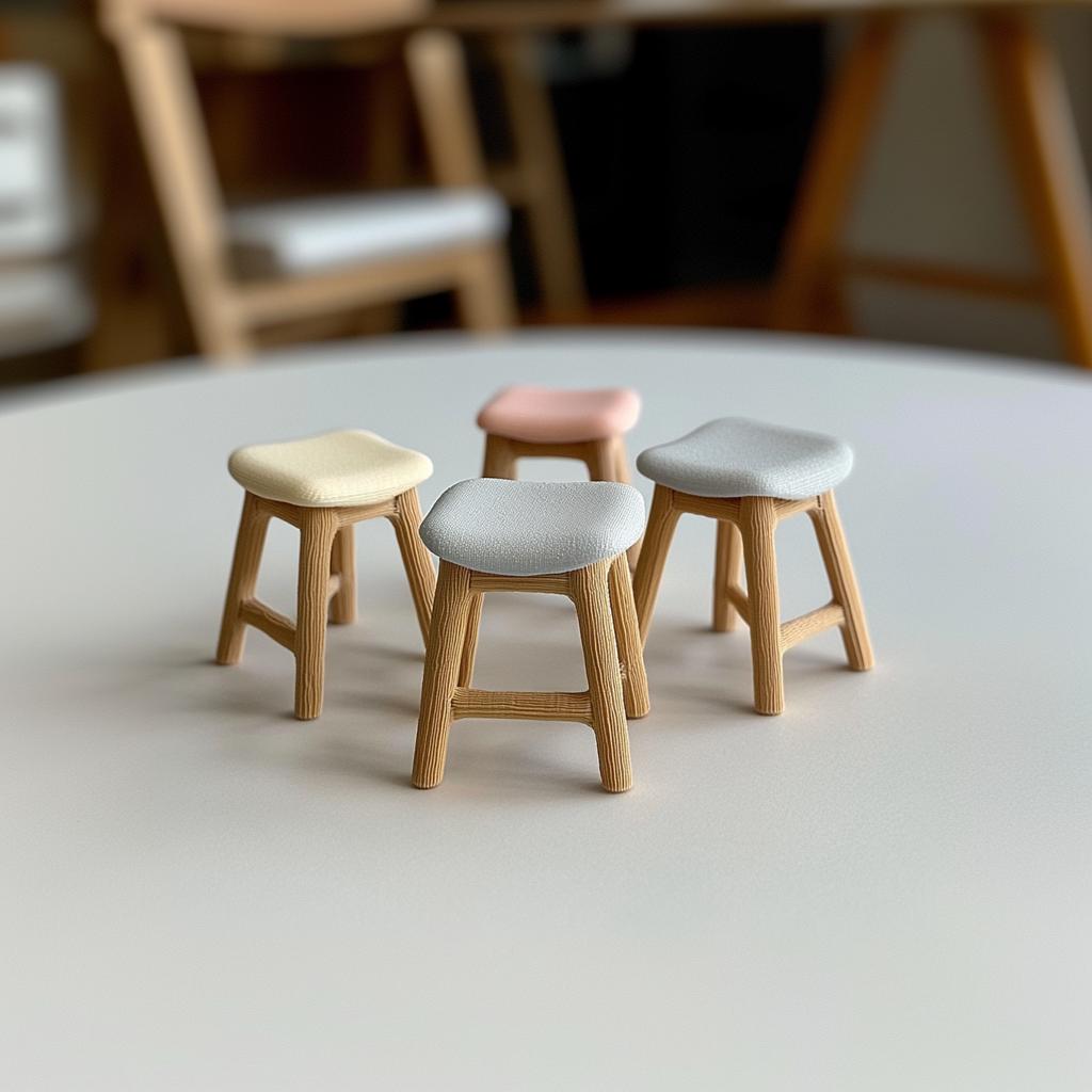 Set of four 1:12 scale miniature stools in pastel colors for dollhouse decor on a table.