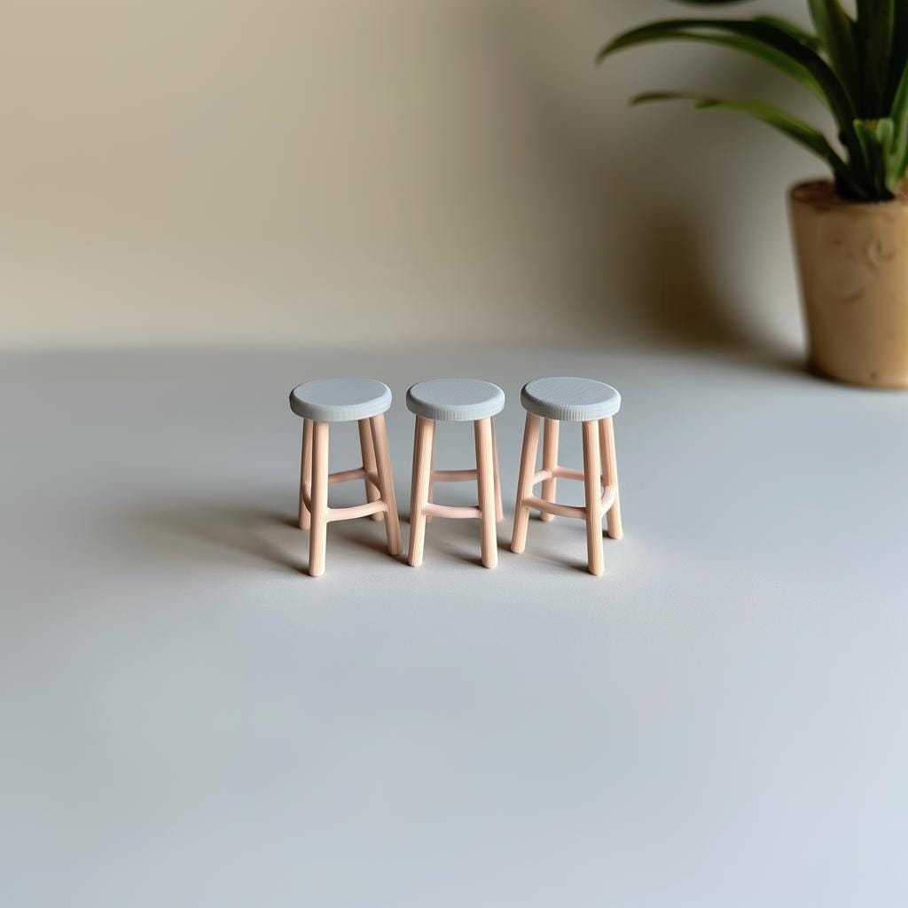 Set of three 1:12 scale miniature bar stools with round seats and slim legs, perfect for dollhouse decor.