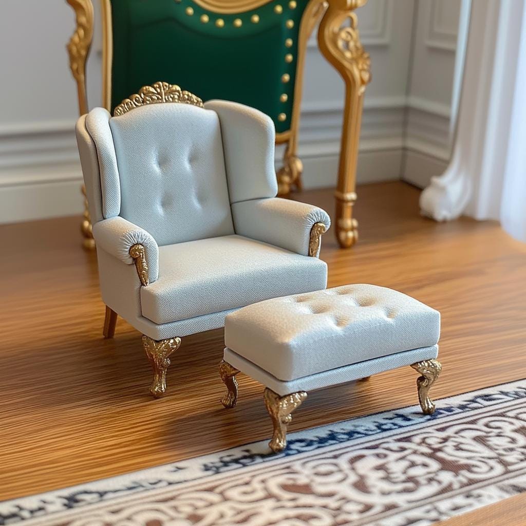 1:12 scale Victorian-style miniature sofa and ottoman set with tufted cushions and ornate golden legs