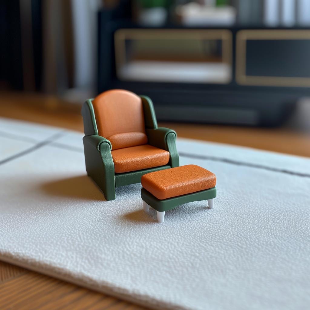Miniature dollhouse armchair and ottoman set in orange and green, 1:12 scale, modern lounge furniture for dollhouses.