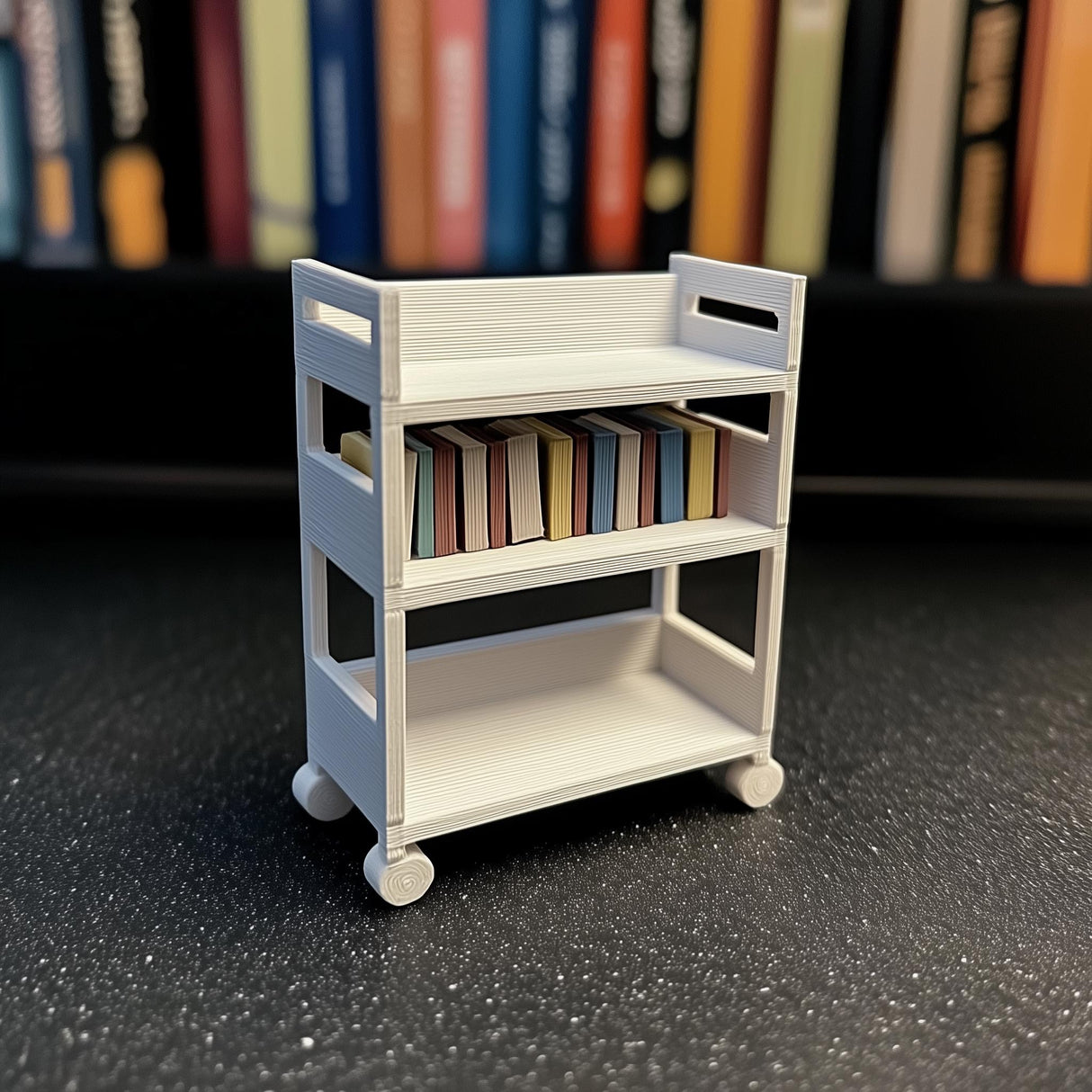 1:12 scale miniature library cart with three shelves and colorful books, ideal for dollhouse décor.