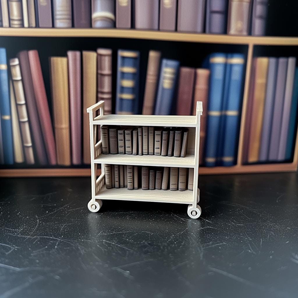 Miniature dollhouse library cart with three shelves and books, 1:12 scale wooden bookcase.