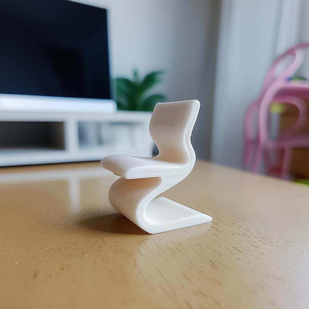 1:12 scale modern wiggle chair, 3D printed white chair for dollhouse furniture, sleek design for miniature setups.