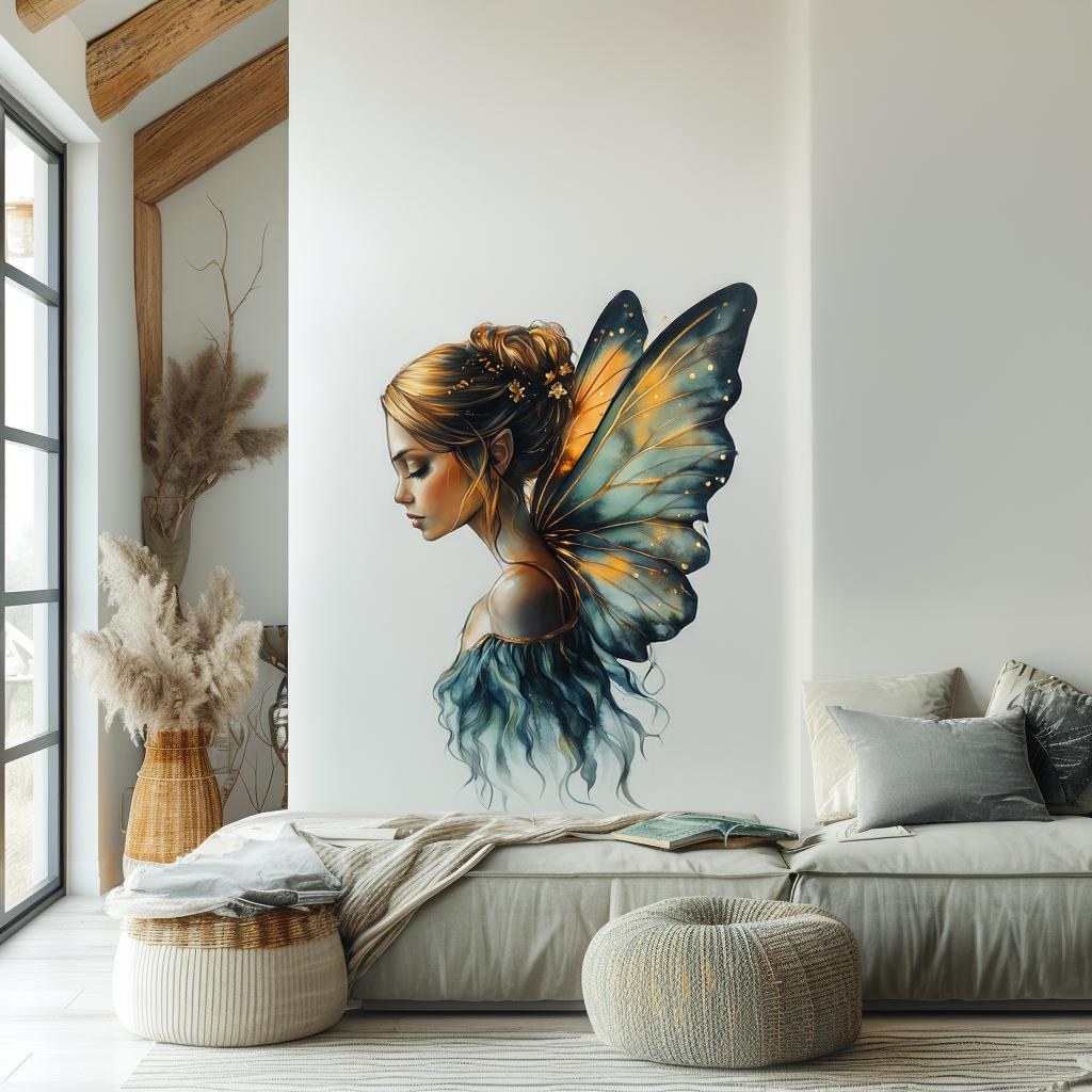 Fairy wall decal with butterfly wings in elegant bedroom decor, adding a magical touch to the room.
