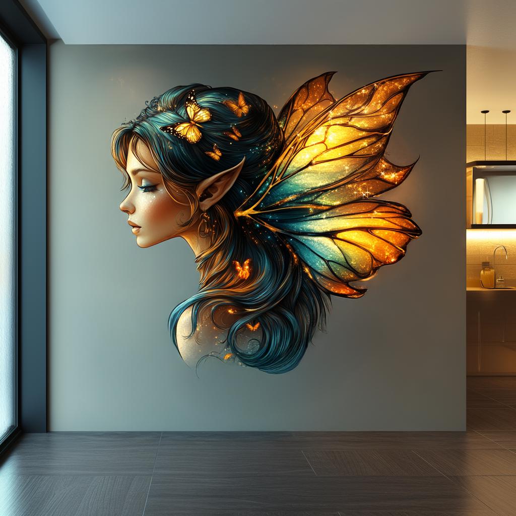 Enchanting fairy wall mural with glowing butterfly wings in a modern interior, ideal for fantasy decor.