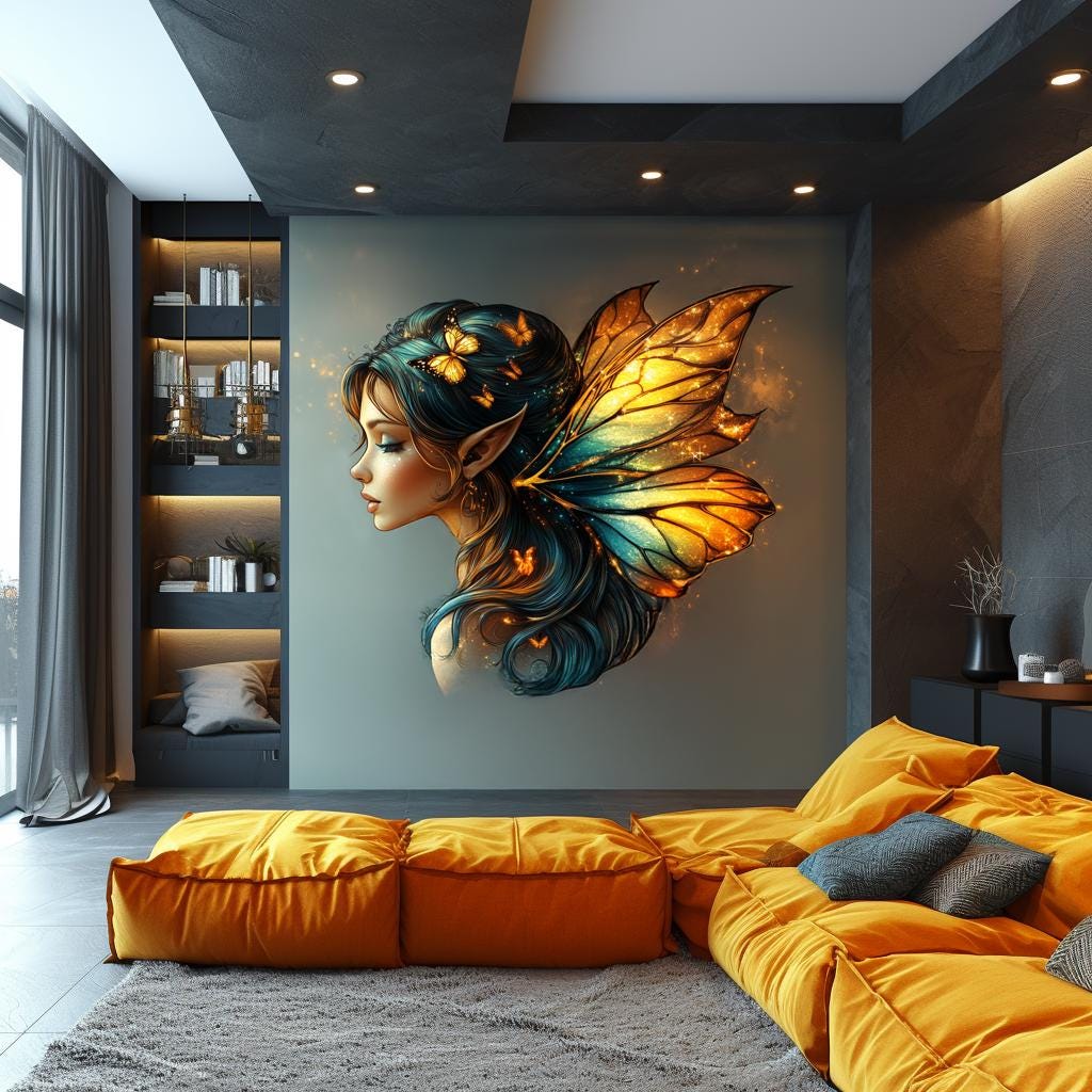 Fantasy fairy wall decal with glowing butterfly wings in a modern living room decor.