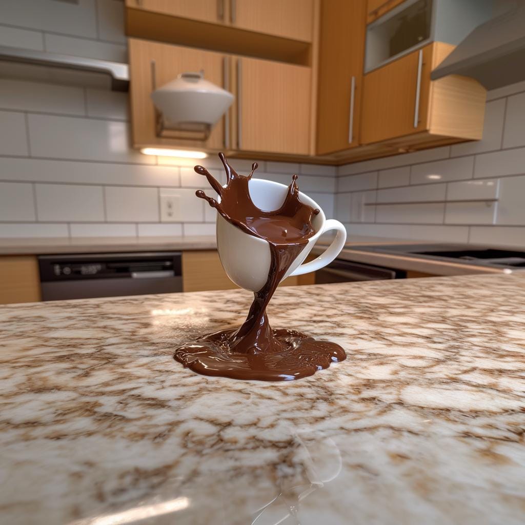 3D printed coffee splash sculpture with a cup spilling chocolate on a kitchen countertop.