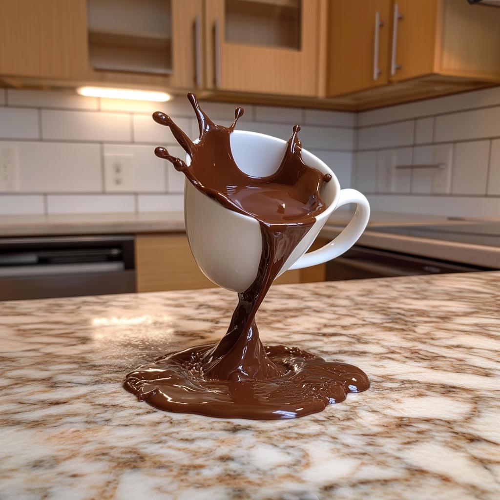 3D printed coffee cup sculpture with chocolate splash effect on kitchen countertop