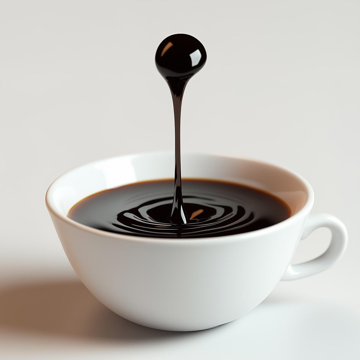 3D printed floating coffee drop sculpture creating an optical illusion in a white coffee cup.