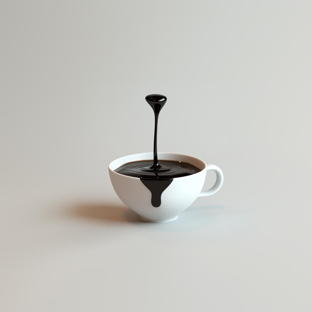 3D printed coffee cup sculpture with a dripping coffee effect, perfect for coffee lovers and home decor.