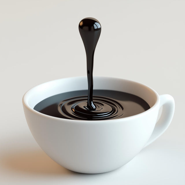 3D printed coffee drop sculpture illusion above a white cup of coffee, perfect for coffee lovers and modern decor.