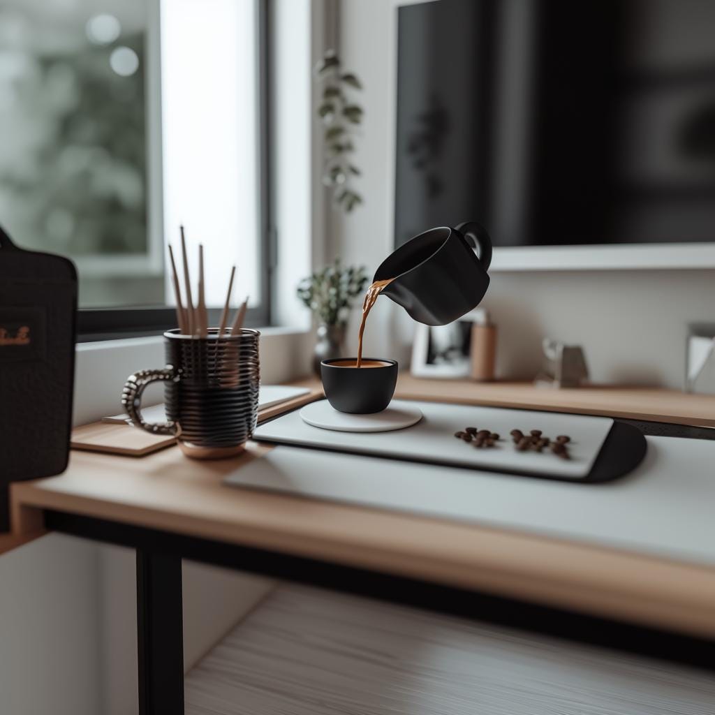 3D printed floating coffee pour sculpture creating an optical illusion in a modern kitchen decor.