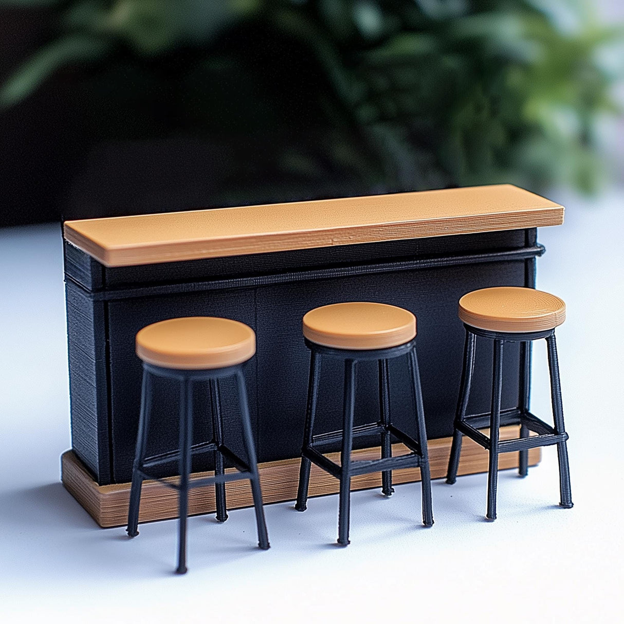 Miniature bar counter set with three stools, ideal for dollhouses and dioramas, featuring modern design and intricate details.