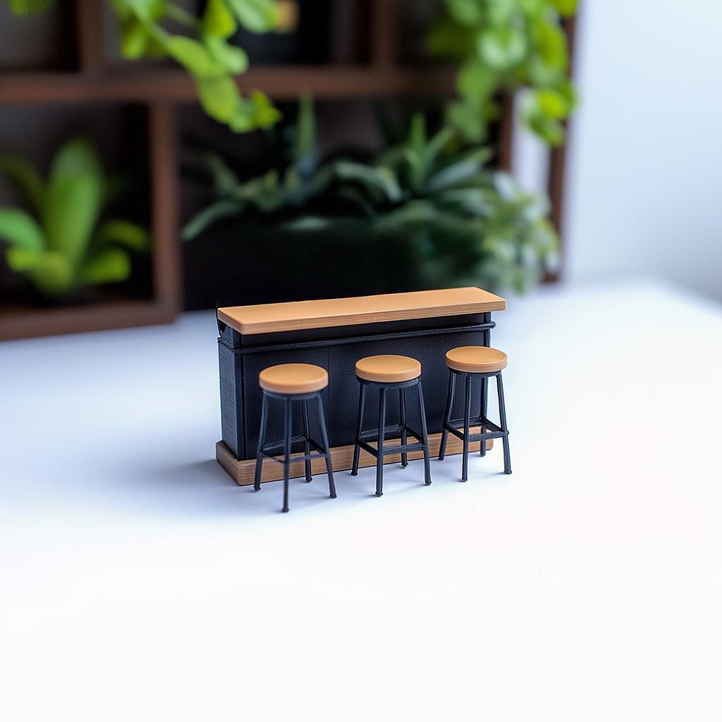 Miniature bar counter set with three stools, ideal for dollhouses and kitchen dioramas, featuring realistic design.
