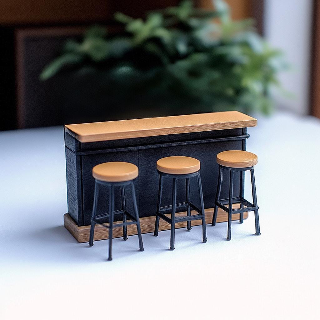 Miniature bar counter set with three stools for dollhouse or diorama decor, showcasing modern design and realistic details.