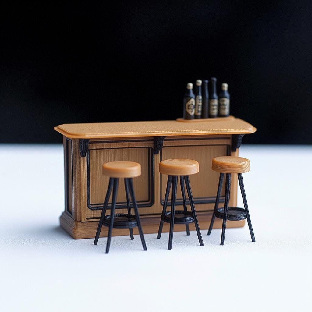 Miniature bar counter set with three stools and bottles, perfect for dollhouse pub scenes and dioramas.