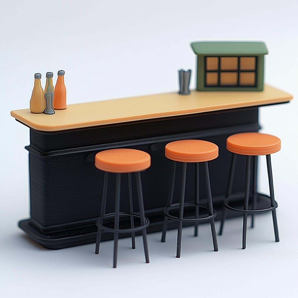 Miniature bar counter set with orange stools and bottles, perfect for dollhouse decor and diorama scenes.