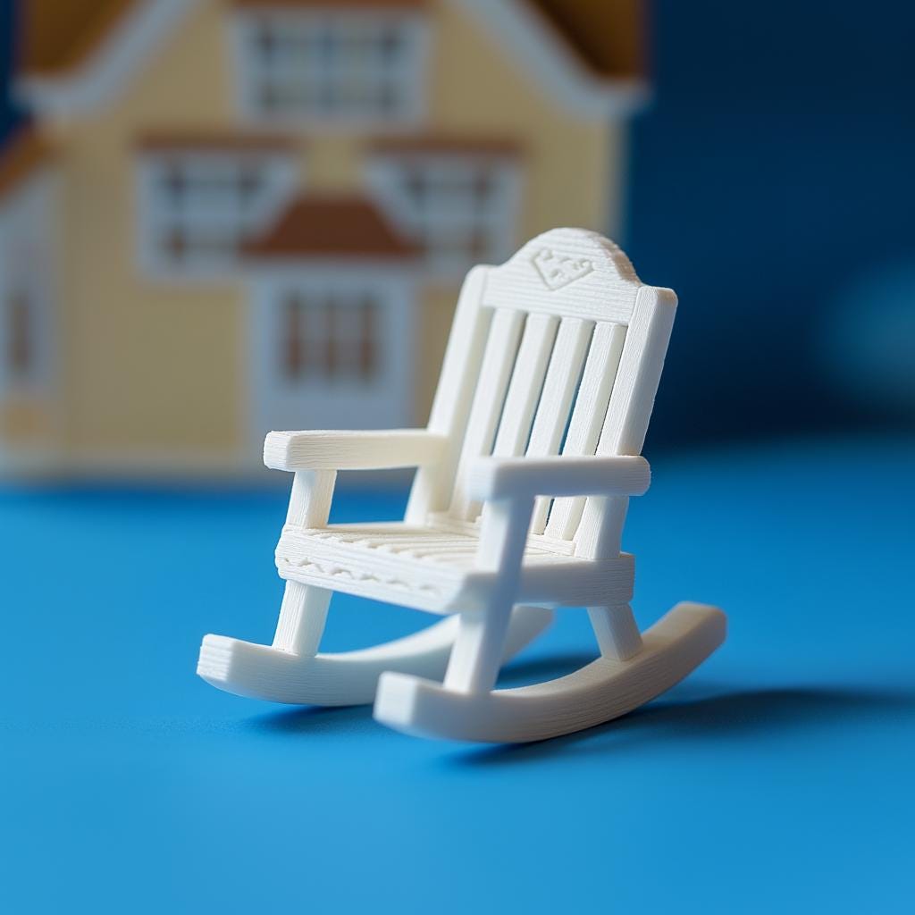 Miniature rocking chair for dollhouse, 3D printed wooden-style design in 1:12 scale, collectible furniture.