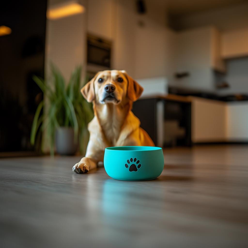 3D printed turquoise dog bowl with paw print in a stylish modern home setting.