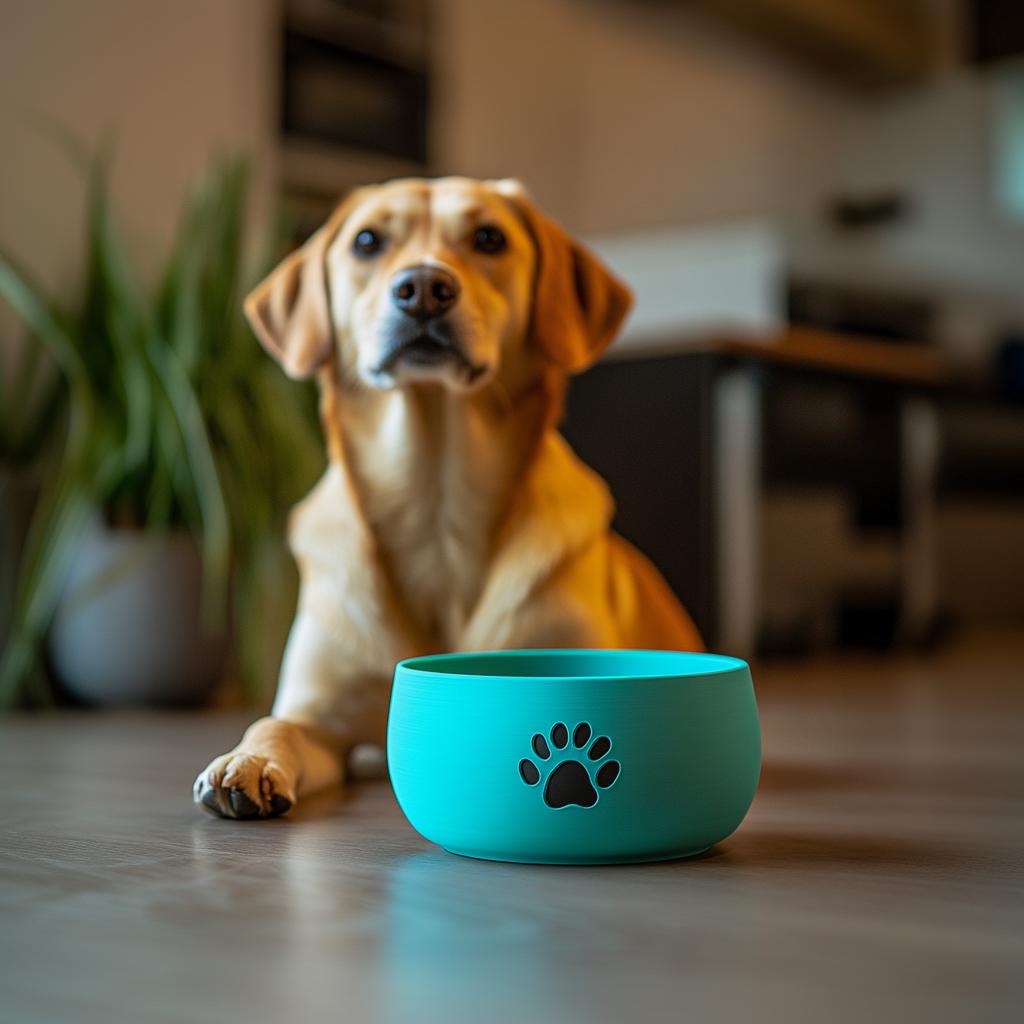 Modern 3D printed dog bowl in teal with paw print design, next to a golden retriever in a stylish home setting.