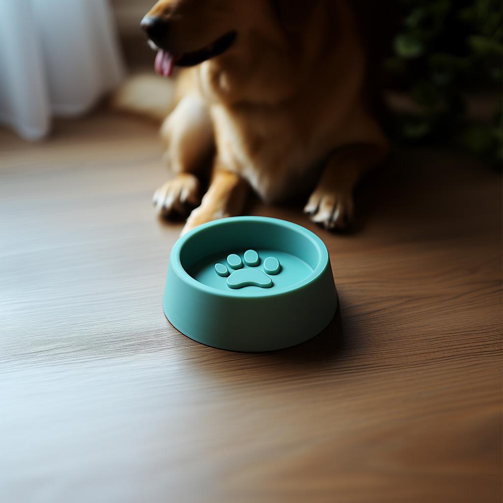 3D printed dog bowl with raised paw print design, pet-safe plastic, perfect for food and water, stylish pet dish.