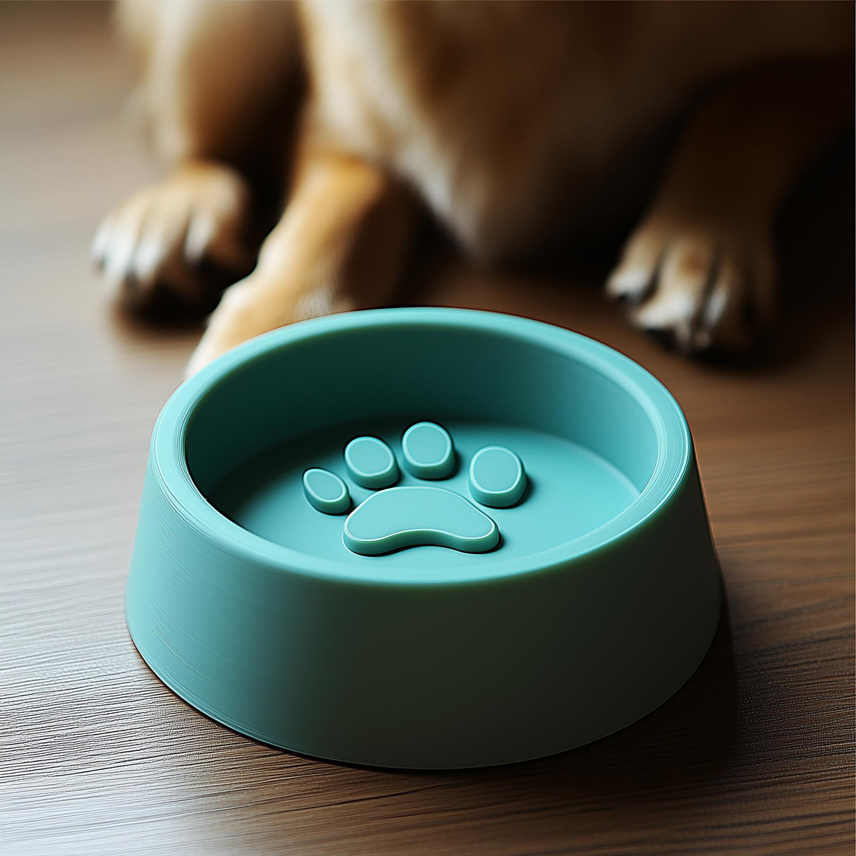 3D printed modern dog bowl in teal with raised paw print design, perfect for food and water.