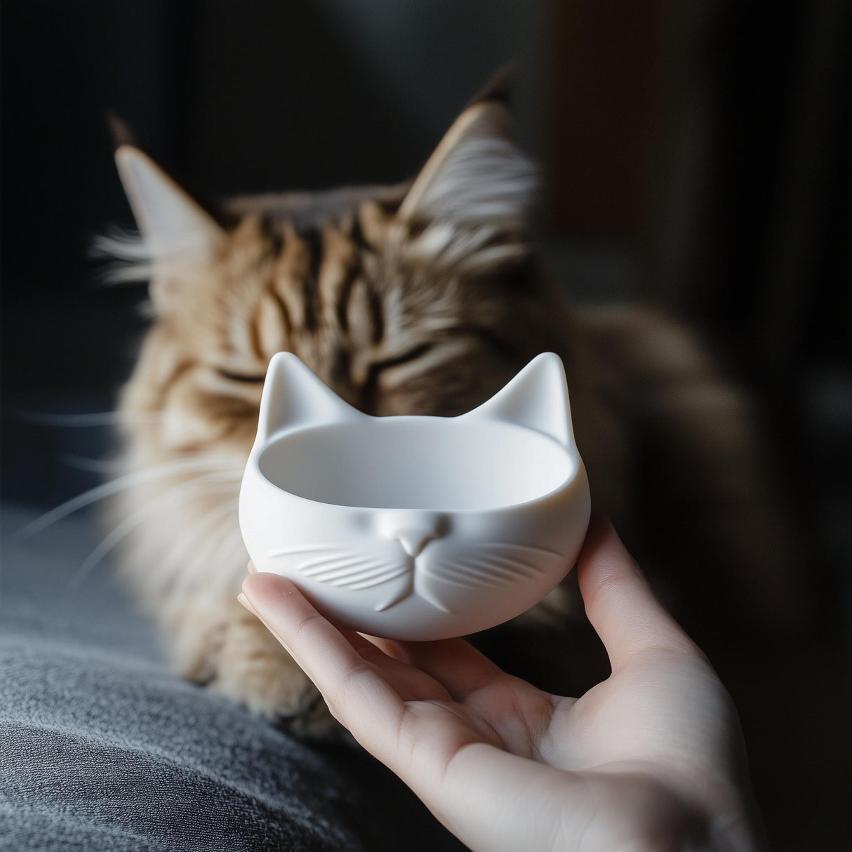 Hand holding a cute 3D printed cat bowl, with a blurred cat in the background, showcasing a whimsical pet accessory.