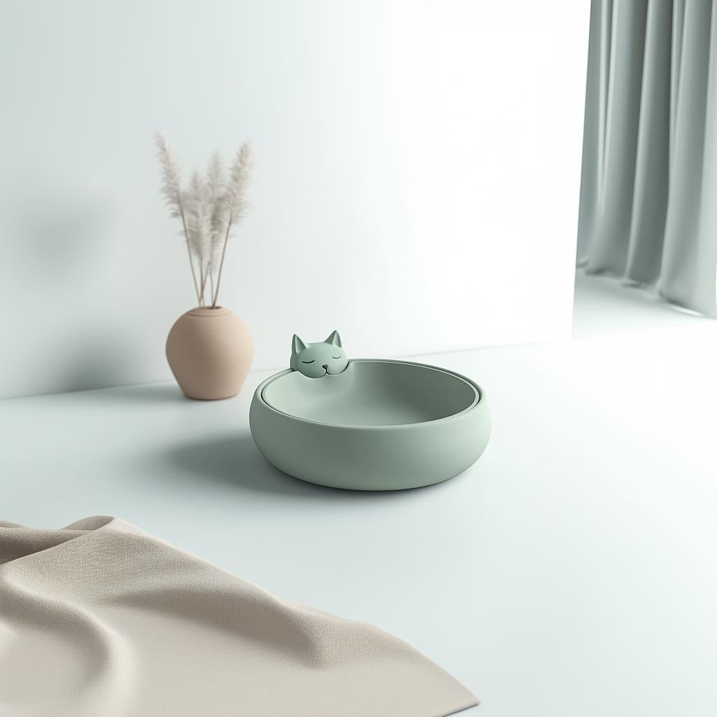 Cute 3D printed cat bowl with minimalist design, perfect for pet food or water, complements modern decor.