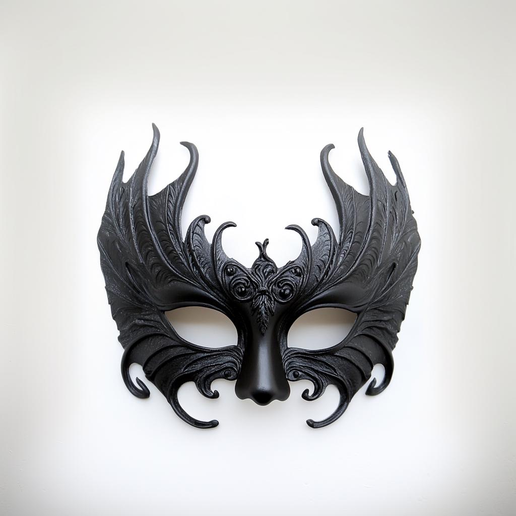 3D printed gothic masquerade mask with ornate filigree and dramatic silhouette for dark fantasy costumes.