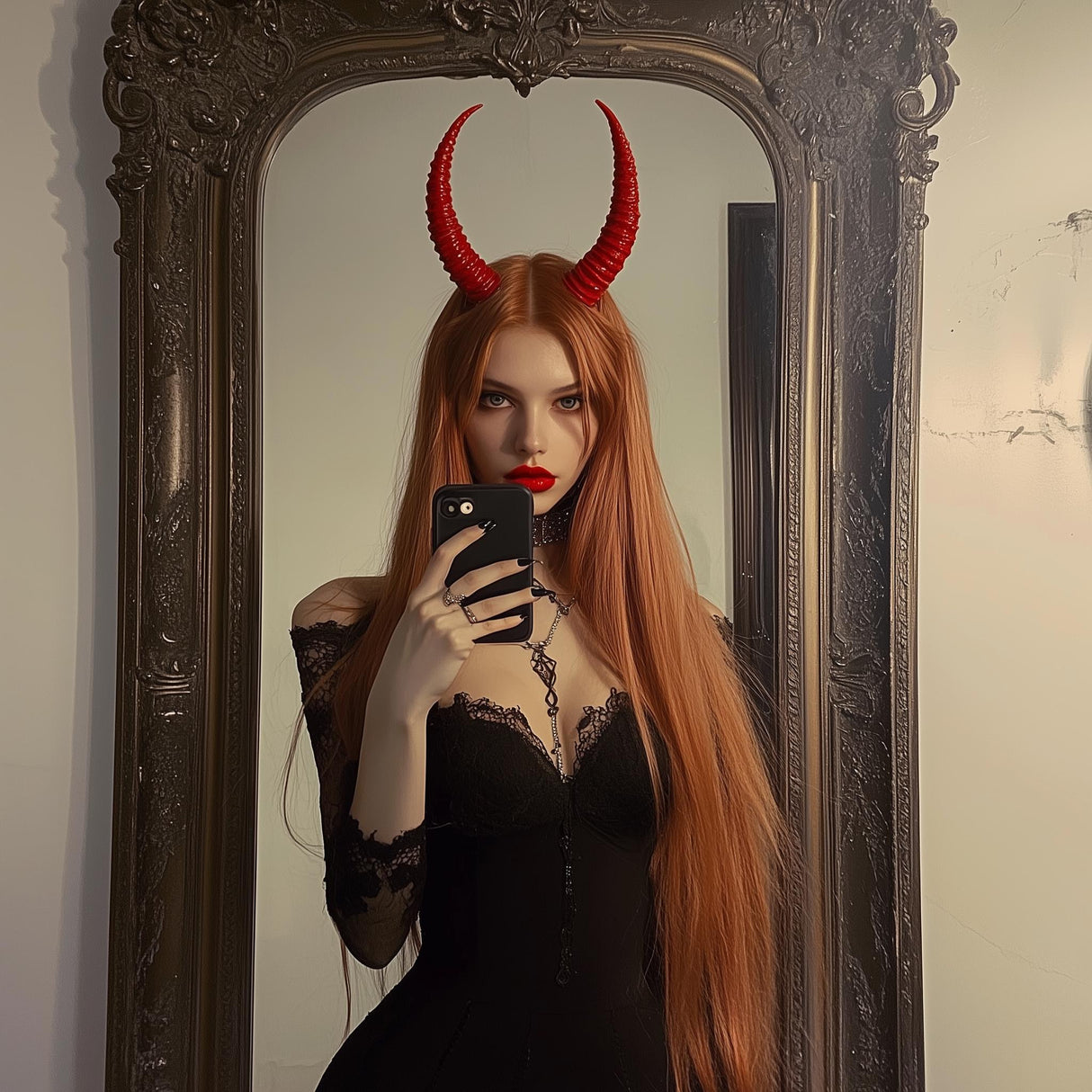 Woman in black dress wearing red 3D-printed demon horns posing in front of a vintage mirror.