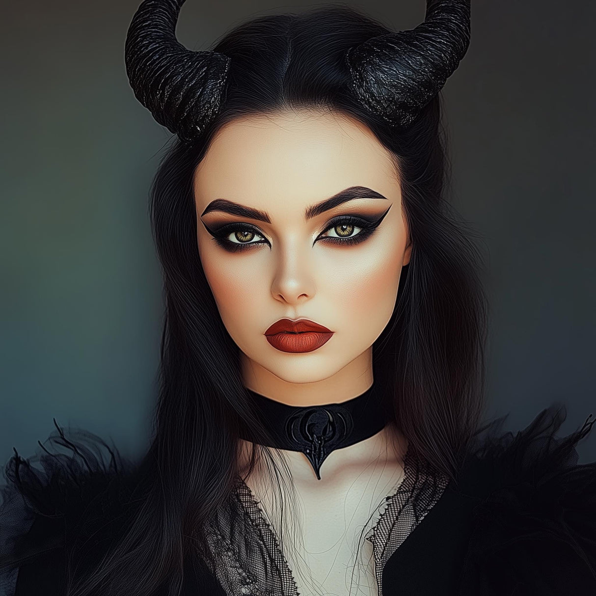 Gothic demon horns headpiece worn by a model, perfect for cosplay, Halloween, and fantasy-themed events.