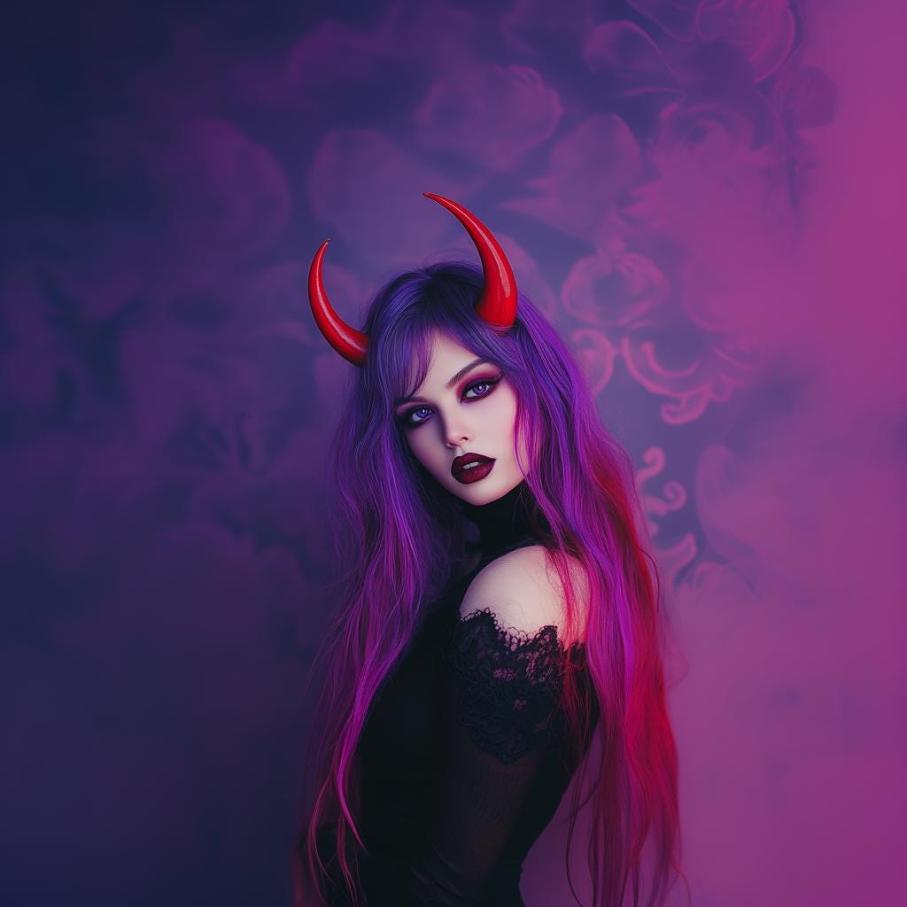 Model wearing red 3D-printed demon horns with long purple hair, dark makeup, and gothic attire against a purple background.