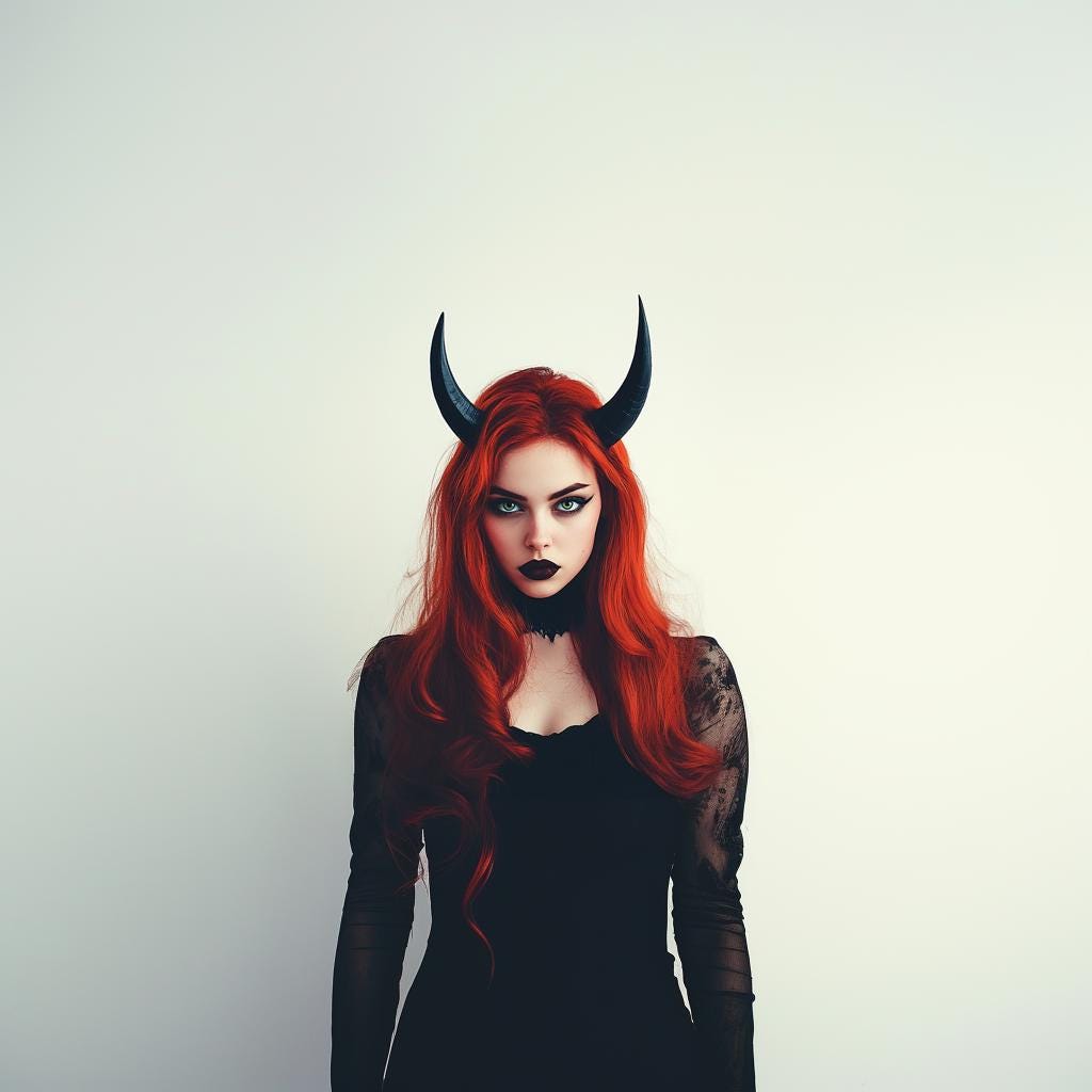 Model with red hair wearing 3D-printed black demon horns, styled in gothic fashion for Halloween or cosplay.