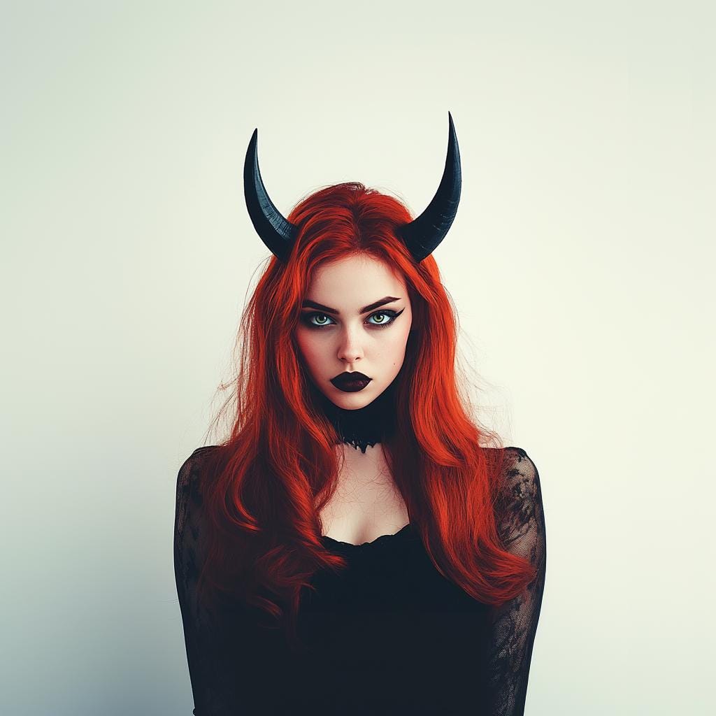 Gothic model wearing 3D-printed black demon horns with red hair and dark makeup, ideal for Halloween and cosplay.