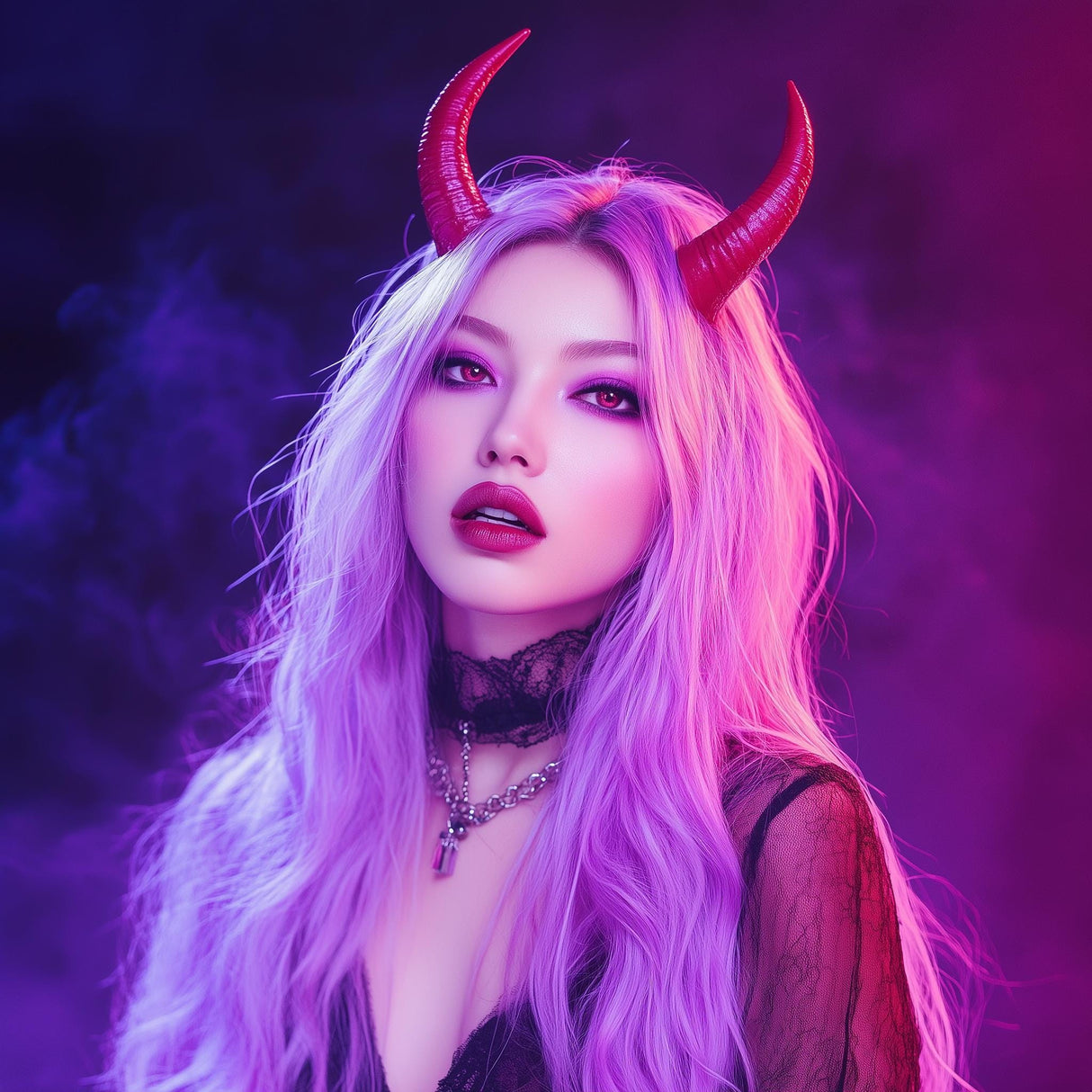 Model wearing 3D-printed demon horns with vibrant purple hair in a mystical, gothic-themed setting.