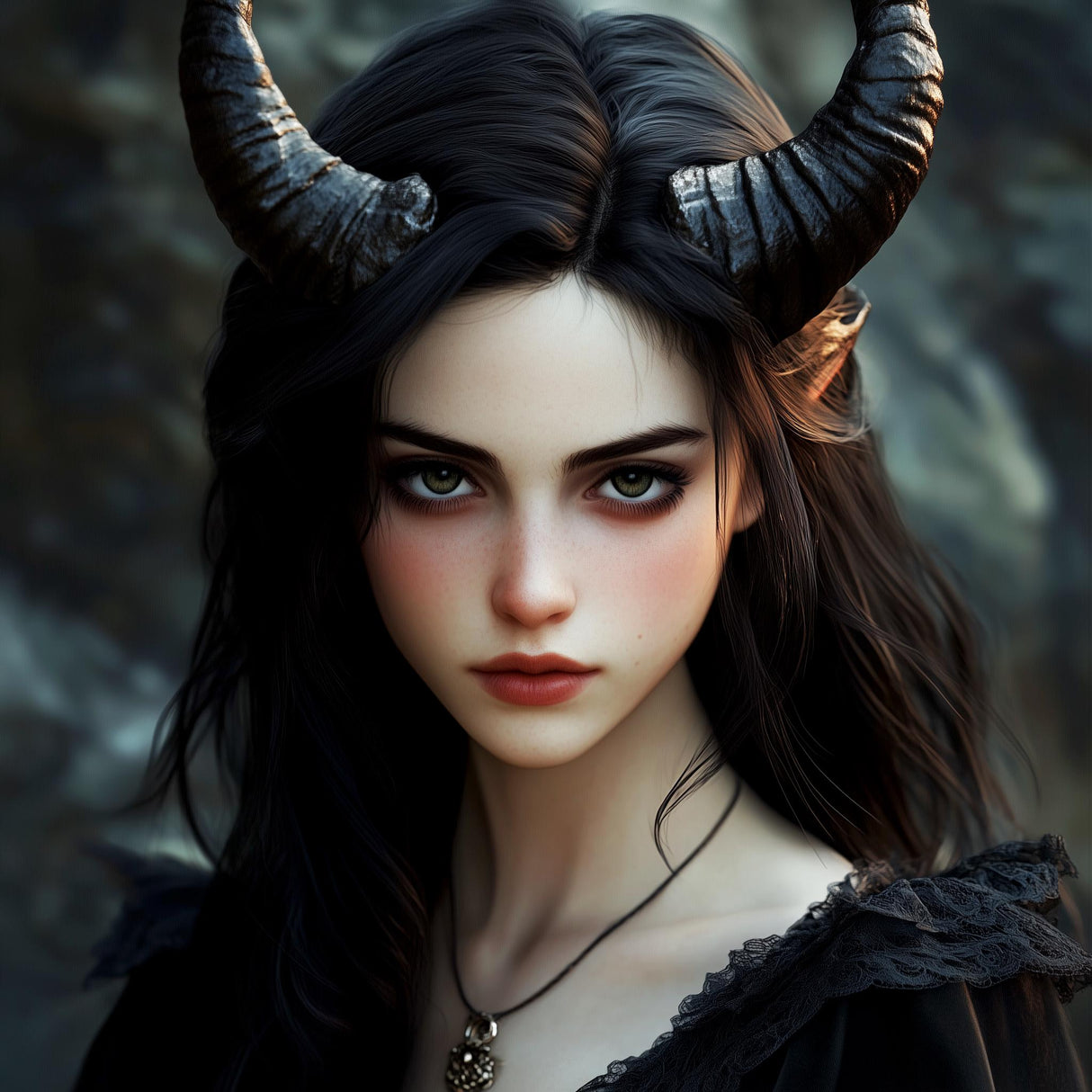 Mystical woman with curved ram horns, gothic fashion, 3D printed fantasy cosplay headpiece.