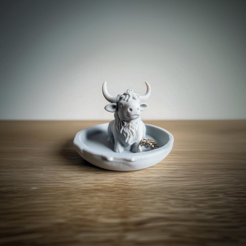 3D printed highland cow jewelry dish holding rings, perfect farmhouse decor and gift for her.