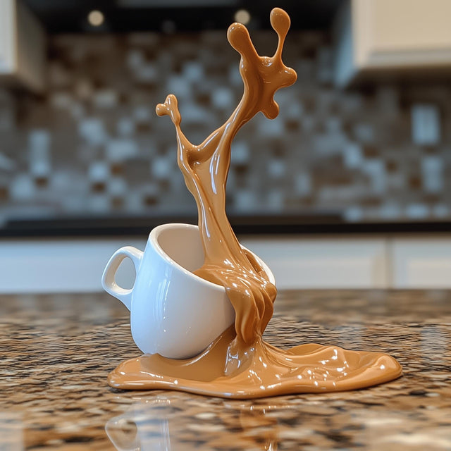 3D-printed spilled coffee cup sculpture with espresso splash art on a kitchen counter.