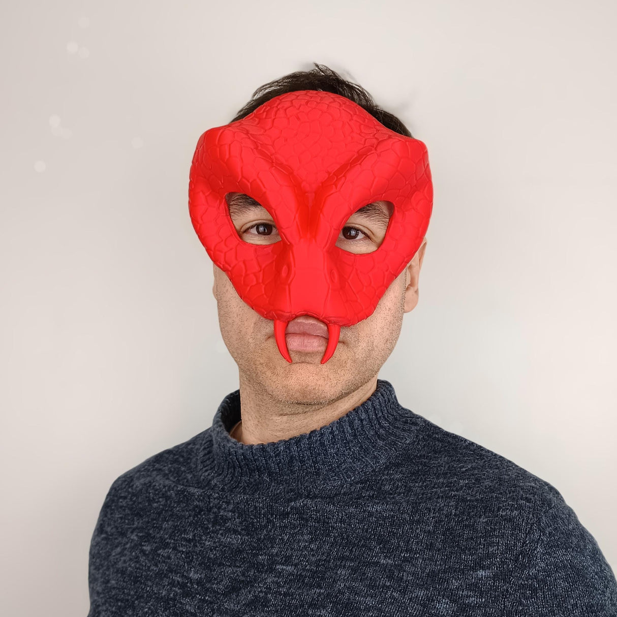Red 3D printed Snake Demon Mask featuring realistic scale texture and fangs, ideal for Halloween or cosplay.