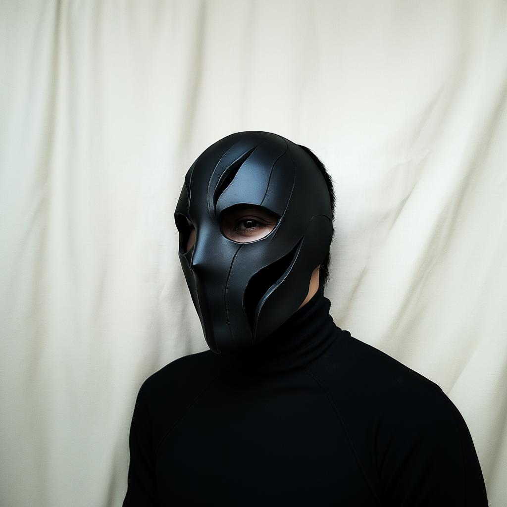 Black tactical face mask worn by a man, featuring sleek angular cutouts for a bold cyberpunk look.
