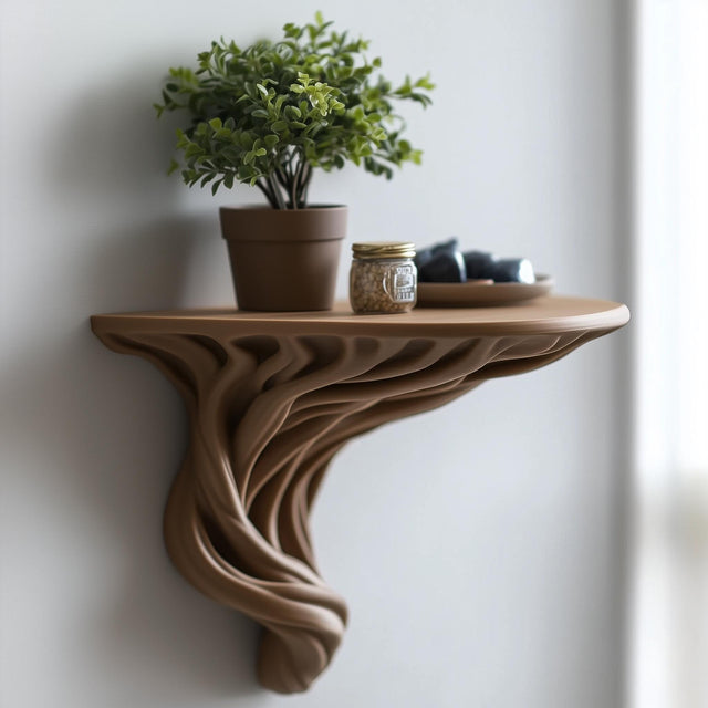 Tree root floating wall shelf with a potted plant and decorative items, showcasing rustic boho decor.